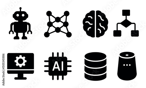 Icons representing ai, robotics, neural networks, and data storage