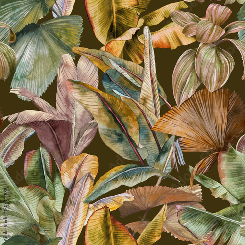 Seamless tropical pattern with various watercolor leaves in earthy tones. The foliage includes banana and palm leaves with shades of green, brown, and yellow on a white background. Botanical wallpaper