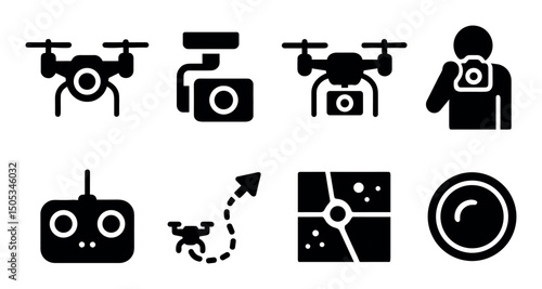 Drone and camera icons set with remote and map symbols