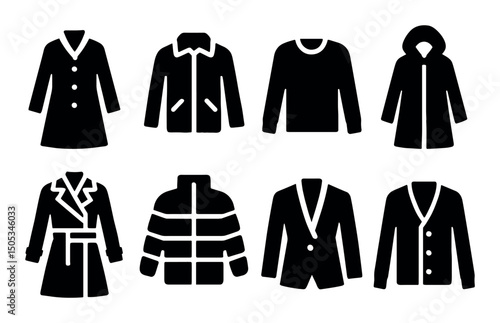 Collection of various outerwear icons including coats and jackets