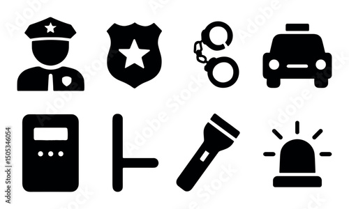 Police symbols collection: badge, handcuffs, car, flashlight, siren