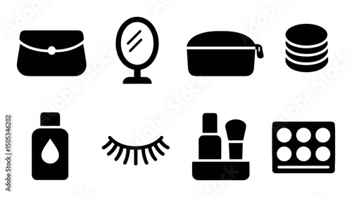 Cosmetic icons set: makeup bag, mirror, brushes, palette