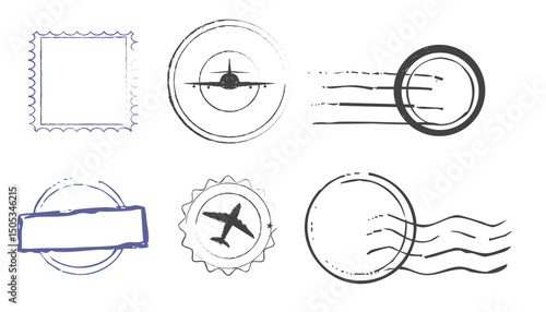 Post stamp air mail postage rubber vintage frame, seal. Line retro textured blank postmark border template. Grunge circle airmail print, design element.