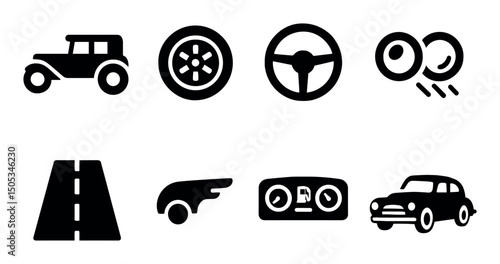 Vintage and modern car icons: wheels, steering, and road symbols