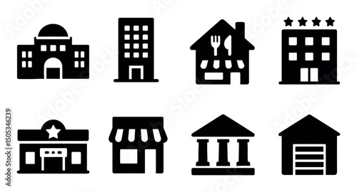 Set of various building icons: hotel, restaurant, bank, store