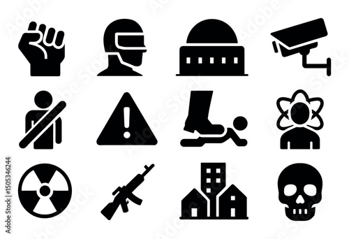 Collection of black silhouette warning and caution icons