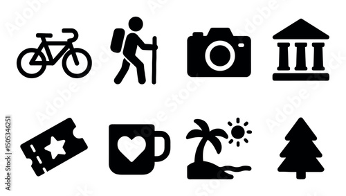 Outdoor adventure icons: hiking, camera, palm tree, culture