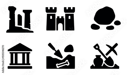Ancient ruins and archaeology icons: excavation and discovery