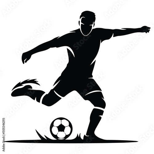 Black vector silhouette of a soccer player kicking ball vector on white background
