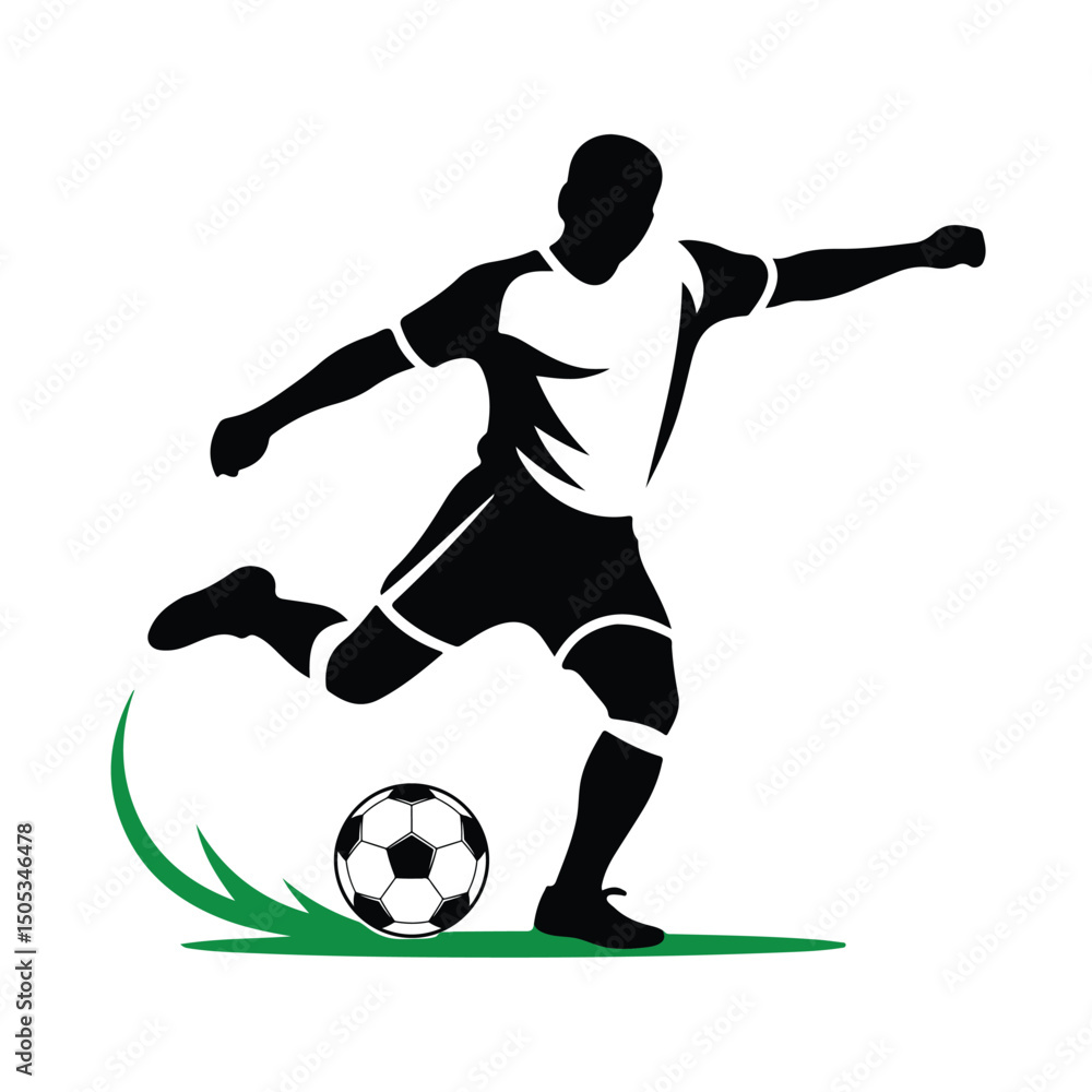Obraz premium Black vector silhouette of a soccer player kicking ball vector on white background