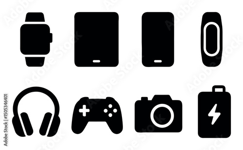 Set of electronic device icons: watch, tablet, phone, camera