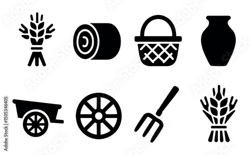 Essential farming icons: wheat, hay, basket, vase, tools, wheel