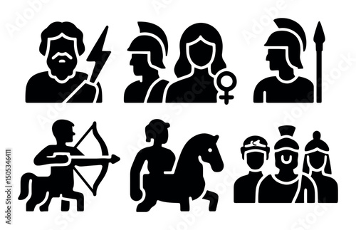 Greek mythology icons: zeus, athena, aphrodite, ares, centaur