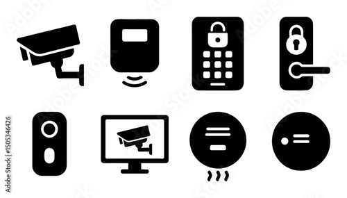 Security equipment icons set: cameras, alarms, locks, controls
