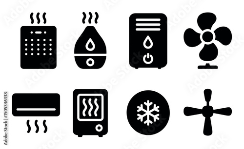 Set of heating and cooling system icons in black silhouette