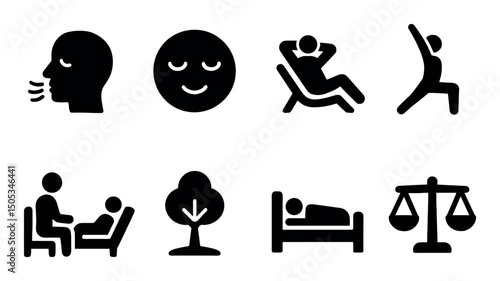 Icons illustrating relaxation, meditation, yoga, and balance themes