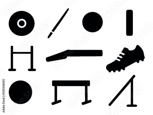 Black track and field equipment icons for various sports activities
