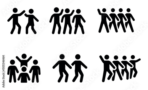Silhouette figures in group activities and dance poses