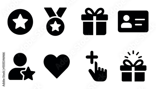 Set of black icons: medal, gift, id, star, heart, hand, user