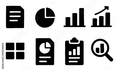 Black silhouettes of graphs and documents on white background