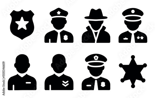 Silhouette icons: police officers, badges, detective, sheriff
