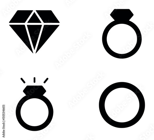 Diamond and ring icons: jewelry symbols in black silhouette