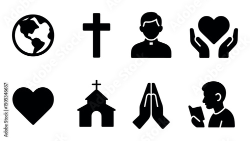 Christian symbols: earth, cross, heart, church, prayer icons