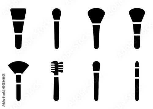 Collection of eight different makeup brush silhouettes in black