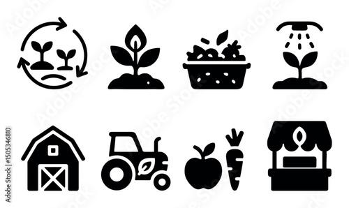 Organic farming icons: cycle, growth, harvest, irrigation, market