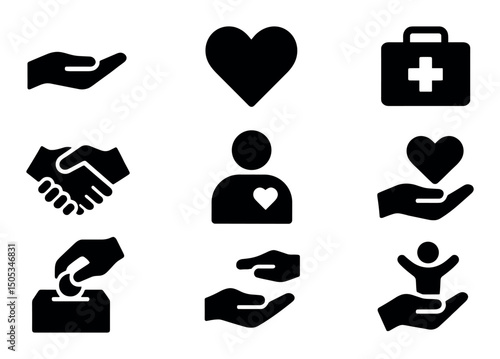Black charity icons: hands, heart, first aid, giving, support