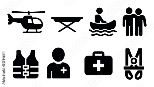 Rescue icons: helicopter, stretcher, boat, first aid, life vest