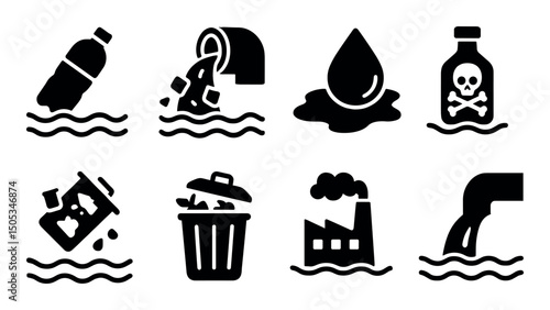 Pollution icons: waste, chemical, trash, factory, water contamination