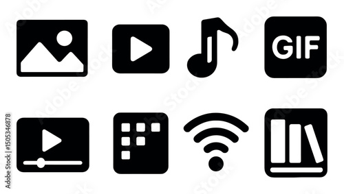 Multimedia icons set including image, video, music, and more