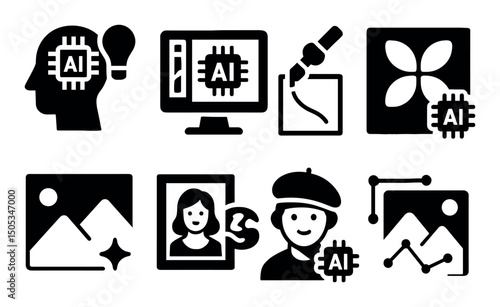 Ai icons for art and technology: brain, computer, painter symbols
