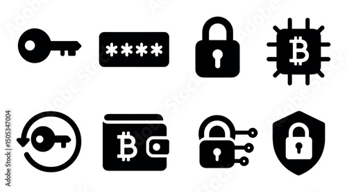 Cryptocurrency security icons: key, lock, bitcoin, wallet, shield