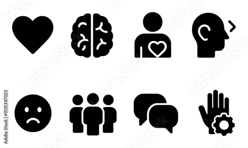 Heart brain emotions communication icons set in black silhouette