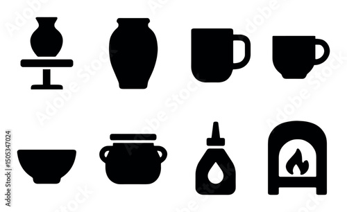 Silhouette icons of pottery items and kiln on white background