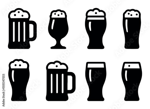 Collection of eight beer glass icons with foam in black and white