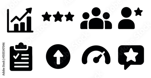 Business metrics icons: growth, ratings, team, performance, feedback