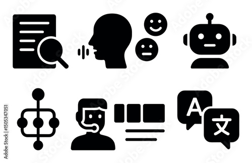 Ai communication icons set: speech, translation, and chatbot symbols