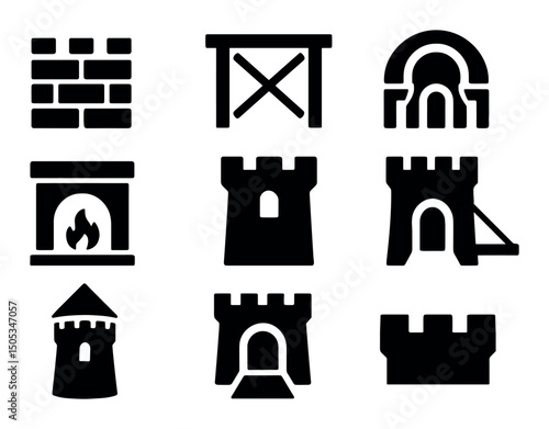 Medieval castle icons: towers, walls, gateways, fireplace symbols