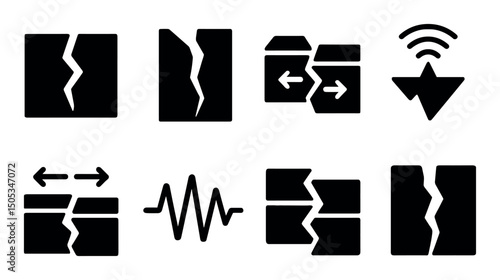 Earthquake icons set with fractures, arrows, and signal waves