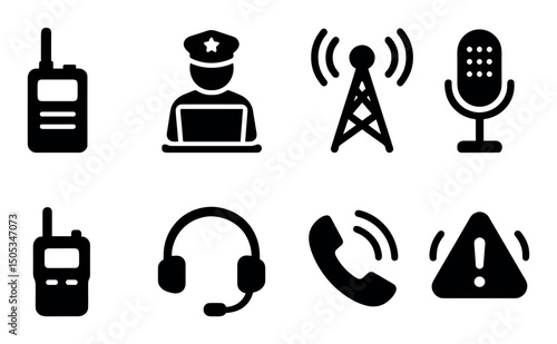 Communication icons: radio, police, antenna, microphone, headset