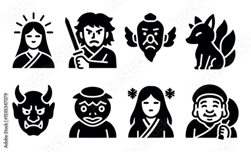 Japanese folklore icons: oni, kitsune, kappa, tengu, and gods