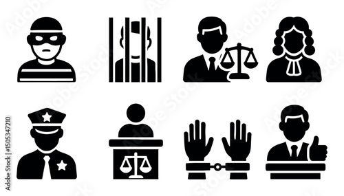 Justice system icons: crime, court, law, police, prison