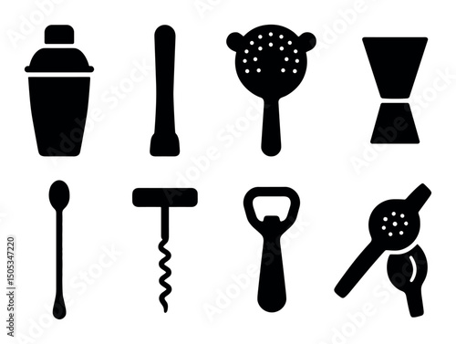 Silhouette set of cocktail tools for bartending and mixing