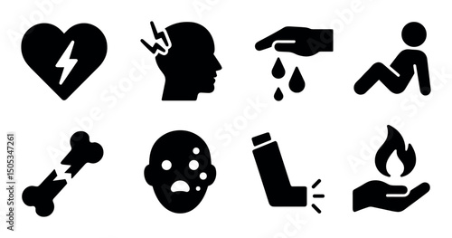 Health icons: heart, headache, hydration, exercise, injuries