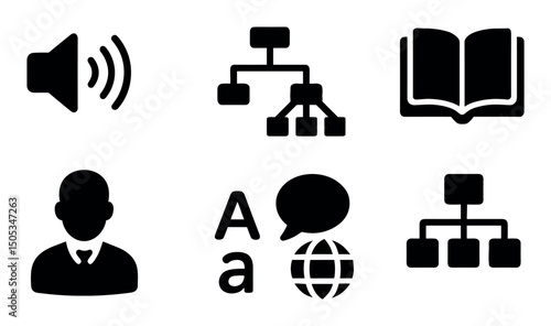 Black icons: sound, structure, book, person, language, network