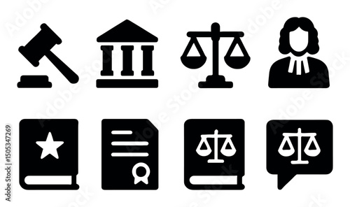 Legal icon set featuring gavel, scales, document, and judge