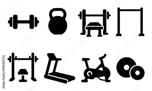 Gym equipment icons: dumbbell, kettlebell, bench, treadmill, bike